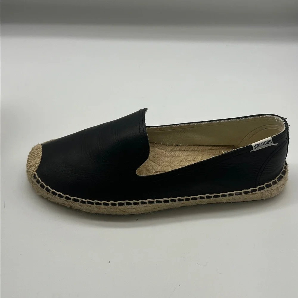 Soludos - Black Leather Espadrille Round Toe Smoking Platform Shoes Size 10